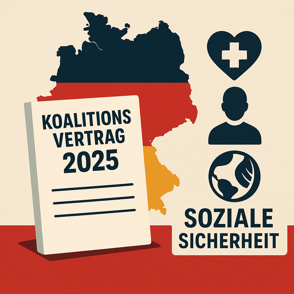 Das Bild zeigt eine grafische Darstellung eines Koalitionsvertrages als Buch vor der Landkarte Deutschlands. Das Wort Soziale Sicherheit wird durch Grafiken eines Herzens, einer Person und einer Erdkugel ergänzt.