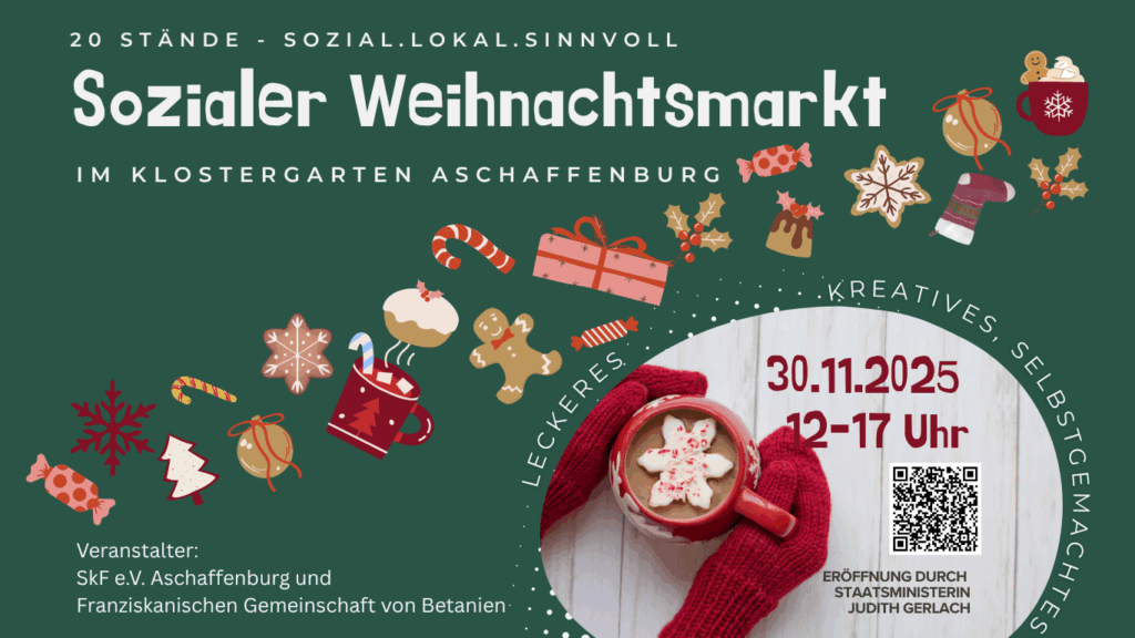 Veranstaltungsplakat mit weihnachtlichen Motiven (Zuckerstangen, Zimtsterne etc.) Text mit den Informationen zur Veranstaltung