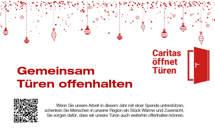 Text auf Weihnachtlichem Hintergrund; Der Slogan "Gemeinsam Türen offenhalten" steht im Fokus und es wird um Spenden gebeten.