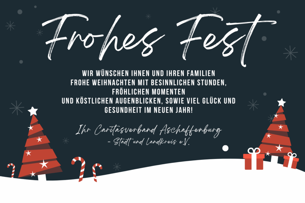 Grafische Weihnachtskarte mit Christbäumen, Schnee und Geschenken. Der Text wünscht Frohe Weihnachten und Alles Gute für das neue Jahr.