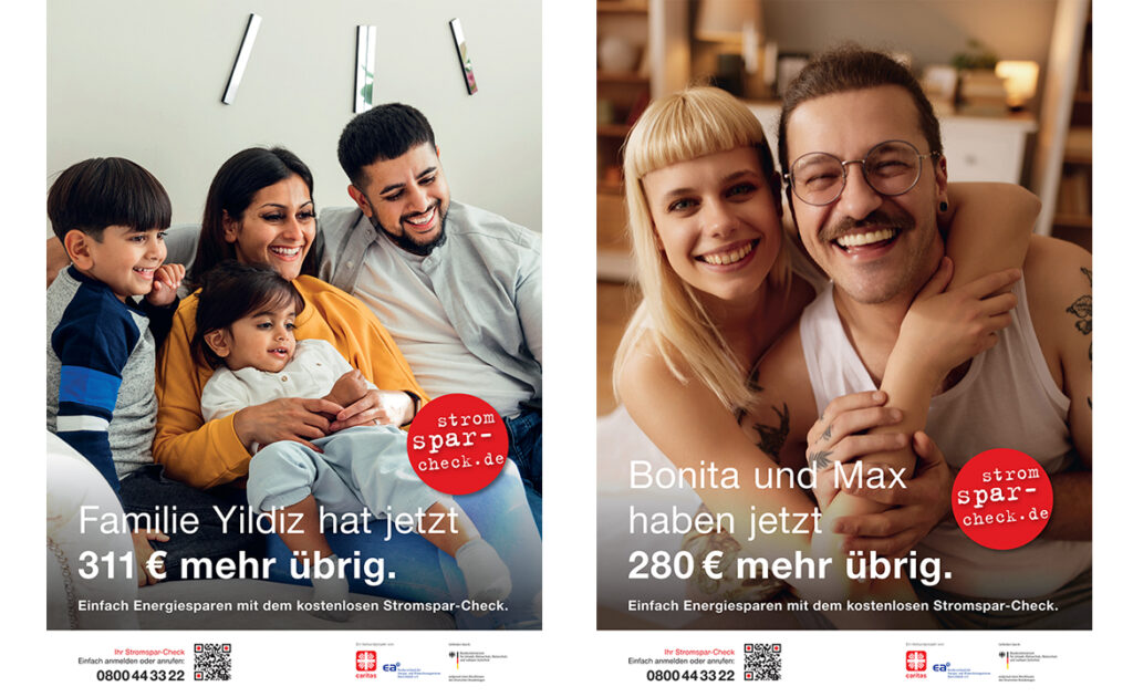 Zwei Bilder einer Familie und eines jungen Paares. Beide Bilder werben für das Angebot des Stromspar-Checks.