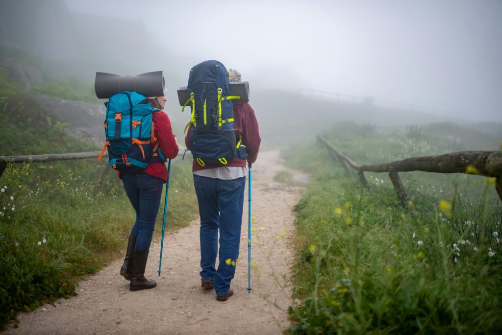 Zwei Wanderer von hinten mit Walkingstöcken und Rucksäcken in einer nebligen Gebirgslandschaft