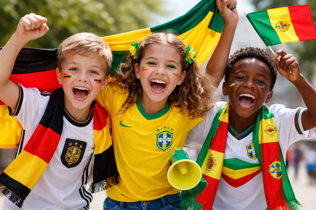 Drei Kuinder lachen in Richtung Kamera. Sie tragen diverse Trikots von Fußballmanschaften